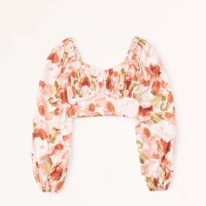 abercrombie & fitch white floral Cropped Long-Sleeve Satin Top XS